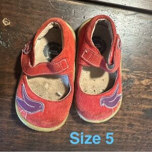 Livie & Luca Red Suede Mary Jane Shoes with Purple Bird Applique